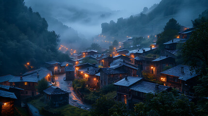 An ancient village with stone houses shrouded in misty night ambiance, evoking an ethereal atmosphere and timeless charm - obrazy, fototapety, plakaty