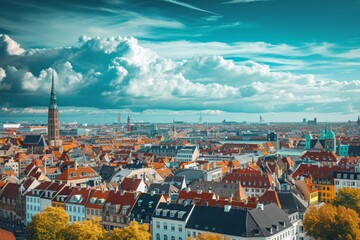 Fototapeta na wymiar An impressive aerial shot capturing the bustling cityscape filled with towering buildings, Copenhagen's colorful skyline seen from sky during daylight, AI Generated