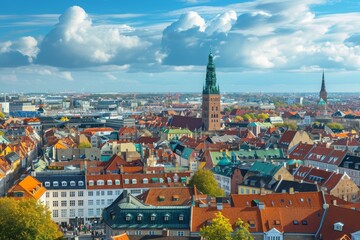 Naklejka na ściany i meble A Panoramic View of a City From a High Vantage Point, Copenhagen's colorful skyline seen from sky during daylight, AI Generated
