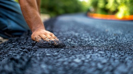 A man is laying asphalt on a road with his hands, AI