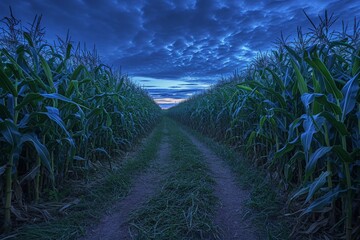 A photo of a corn field with a dirt path leading to it, showcasing the natural landscape and agricultural setting, Corn maze under the indigo twilight, AI Generated