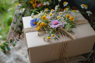 A gift, wrapped in brown paper and secured with a string, ready to be presented to someone special, Cottagecore inspired gift box with wildflowers, AI Generated