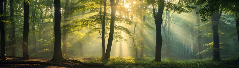 Fototapeta na wymiar Misty morning in a rich deciduous forest, rays of light piercing through the foliage, creating a mystical atmosphere