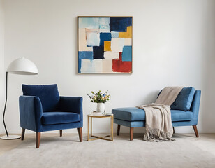 modern living room with sofa, blue and yellow  interior 