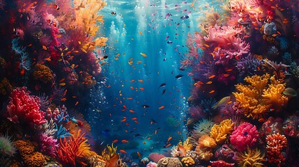The vibrant colors of a coral reef, teeming with life and energy, each fish and sea creature adding...