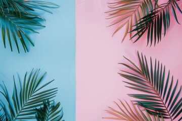 Fototapeta na wymiar Tropical Leaves on a Pink and Blue Background