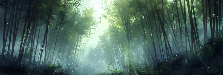 Smoky bamboo forest, fairyland, clean background, cool atmosphere, a little warm light,