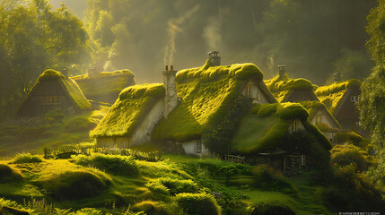 An Irish village emerges from morning mist, bathed in the gentle glow of dawn, evoking a serene and timeless charm captured by the first light - obrazy, fototapety, plakaty