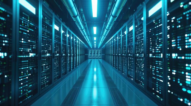 A parallel row of servers, adorned in electric blue, fills a technology-driven data center hallway with a symmetrical display of power and Azure technology. AIG41