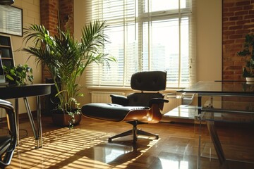 A functional office space featuring a desk, chair, and a plant, providing a comfortable and productive workspace, Cozy and comfortable business office, AI Generated