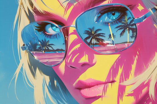 An art collage of retro Miami style photos, featuring iconic palm trees and sunshades.