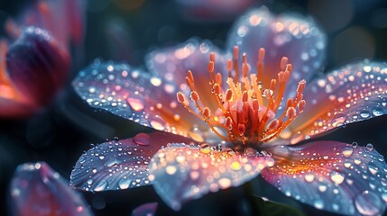 Tiny raindrops clinging to the silky petals of a blooming flower, creating a mesmerizing mosaic of light and color. - obrazy, fototapety, plakaty