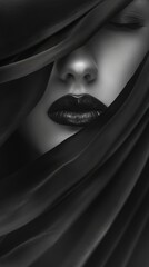 Minimalistic black background with a face partially obscured in the style of flowing creating an enigmatic and mysterious The dark tones accentuate the dramatic effect of her lips, generated with AI