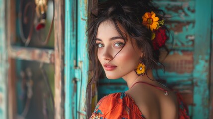 A woman with a flower in her hair posing for the camera, AI