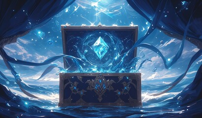 An open treasure chest with an emerald and diamond shining, the inside of which is full of blue light rays. 