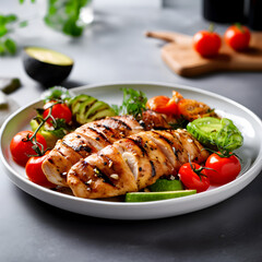 Grilled chicken breast on a plate with fresh vegetables, kitchen table and blurred background  - obrazy, fototapety, plakaty