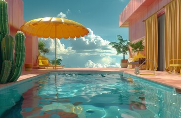 Pool With Yellow Umbrella and Cactus