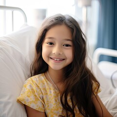 Asian little girl smiling on hospital bed