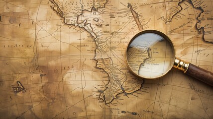 Magnifying glass focusing on vintage map