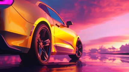 Yellow new modern car with magenta sunset in background, generated with AI - obrazy, fototapety, plakaty