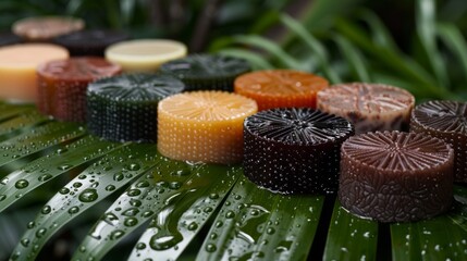 A collection of colorful soaps delicately placed on a fresh green leaf, creating a harmonious and serene display.