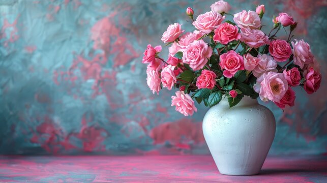 Sensual beautiful composition of bush roses in a white vase place the image on the right on a pink photo quality, generated with AI