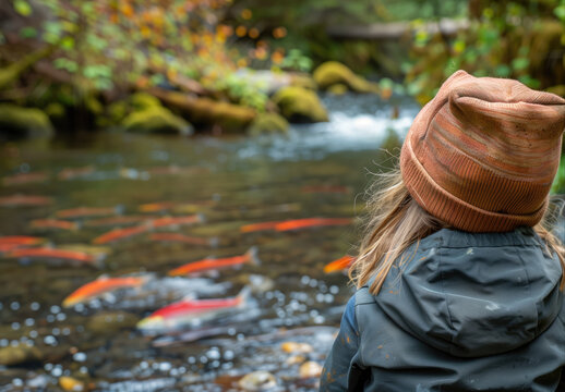 Person in jacket and beanie watching salmon river