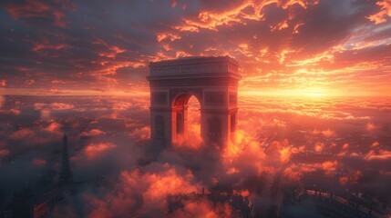 Surreal frontal arc de triomphe, cloud landscape, generated with AI - obrazy, fototapety, plakaty