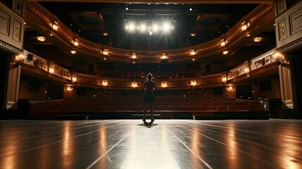 Silhouette of person standing on stage in empty theater with auditorium seats and dramatic lighting