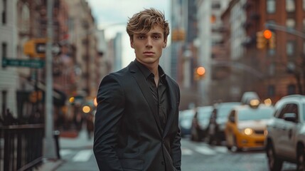 A handsome young man in a sharp black suit confidently poses against the backdrop of a bustling cityscape