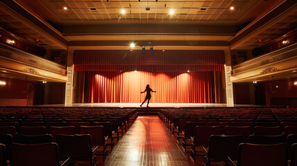 Silhouette of person on stage in empty theater with red curtains and auditorium seating - obrazy, fototapety, plakaty