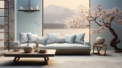 Oriental style interior, blue sofa with cushions