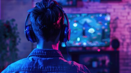 Person playing video game with headphones in neon-lit room