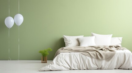 White bedding on green bedroom background