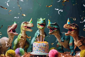 A group of toy dinosaurs gather around a birthday cake, creating a playful and imaginative scene,...