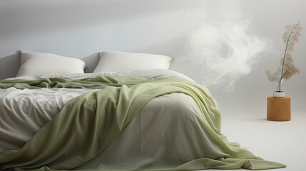 Green bedding in white bedroom