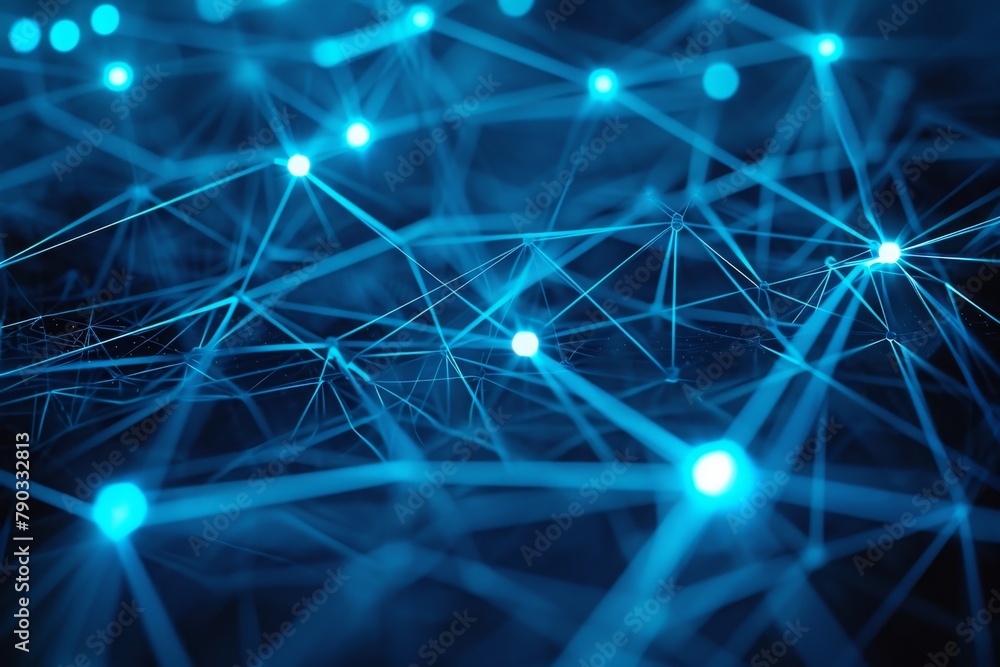 Poster a photo showcasing a blue background filled with numerous evenly spaced lines and dots, cybernetic p