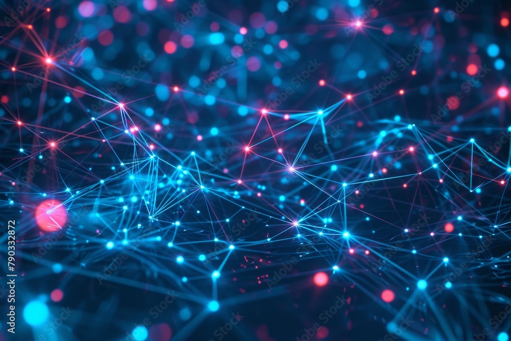 Poster A vibrant abstract background featuring intersecting blue and pink lines with scattered dots and dashes, Cybernetic patterns representing a peer-to-peer network, AI Generated