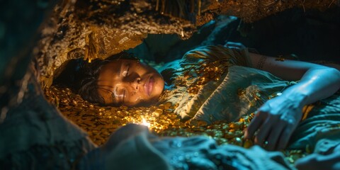 A woman with flowing hair is laying dreamily on a bed covered in shimmering gold, with a look of contemplation on her face.