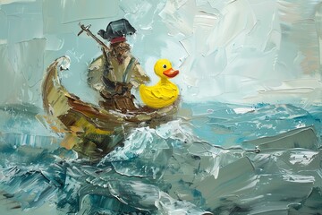 Bring laughter to the high seas! Rear view a pirate with a rubber duck tube, navigating comedic...
