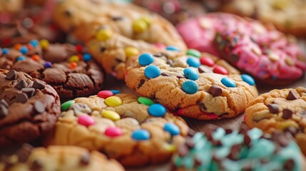 Colorful Floating Cookies on black background, generated with AI