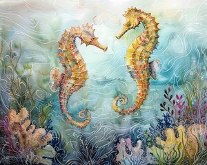 Craft a dreamy underwater landscape where a pair of seahorses gracefully dance amidst swirling currents and sparkling coral reefs, executed in a captivating mix of watercolor and pen and ink technique - obrazy, fototapety, plakaty