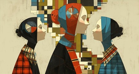 Abstract female figures and a staircase in the style of cubism, with bold geometric shapes and contrasting colors. 