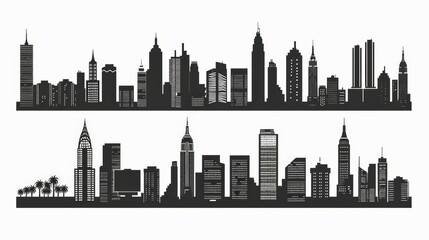 set of City silhouette in flat Silhouette solid simple bold clean black artwork on white background. 