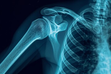 An x-ray image showing the blue hues of a shoulder, revealing its internal structure, D X-ray of the shoulder and arm, AI Generated
