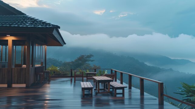 Wooden House With Terrace And Wooden Furniture Overlooking Mountain View At Foggy, Generated With AI