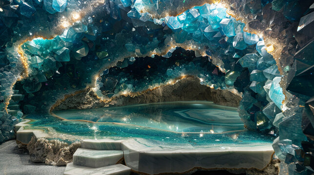 A celestial ballet of sapphire and emerald on a smooth marble stage./ 