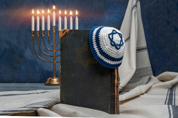 Hanukkah Jewish holiday celebration. Hanukkiah Menorah, Old book Talmud, Torah, Hebrew Bible, Star...