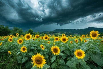 Obraz premium A vast expanse of sunflowers stretches across a field, their vibrant yellow petals contrasting against the overcast sky, Dark storm clouds over blooming sunflowers, AI Generated