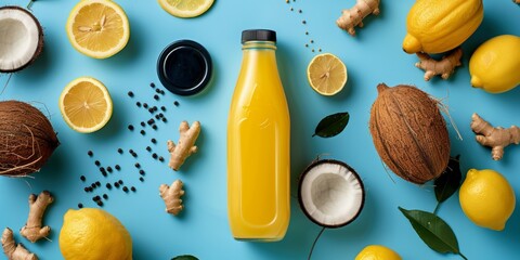 bottle juices with a black lid on a blue background, fresh ginger, coconuts, lemons, tumeric,  - obrazy, fototapety, plakaty